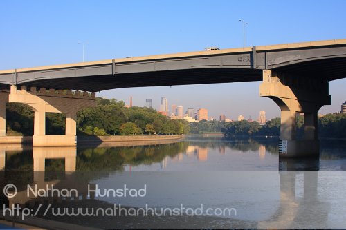 The Dartmouth I-94 bridge over the Mississippi River frames downtown Minneapolis.